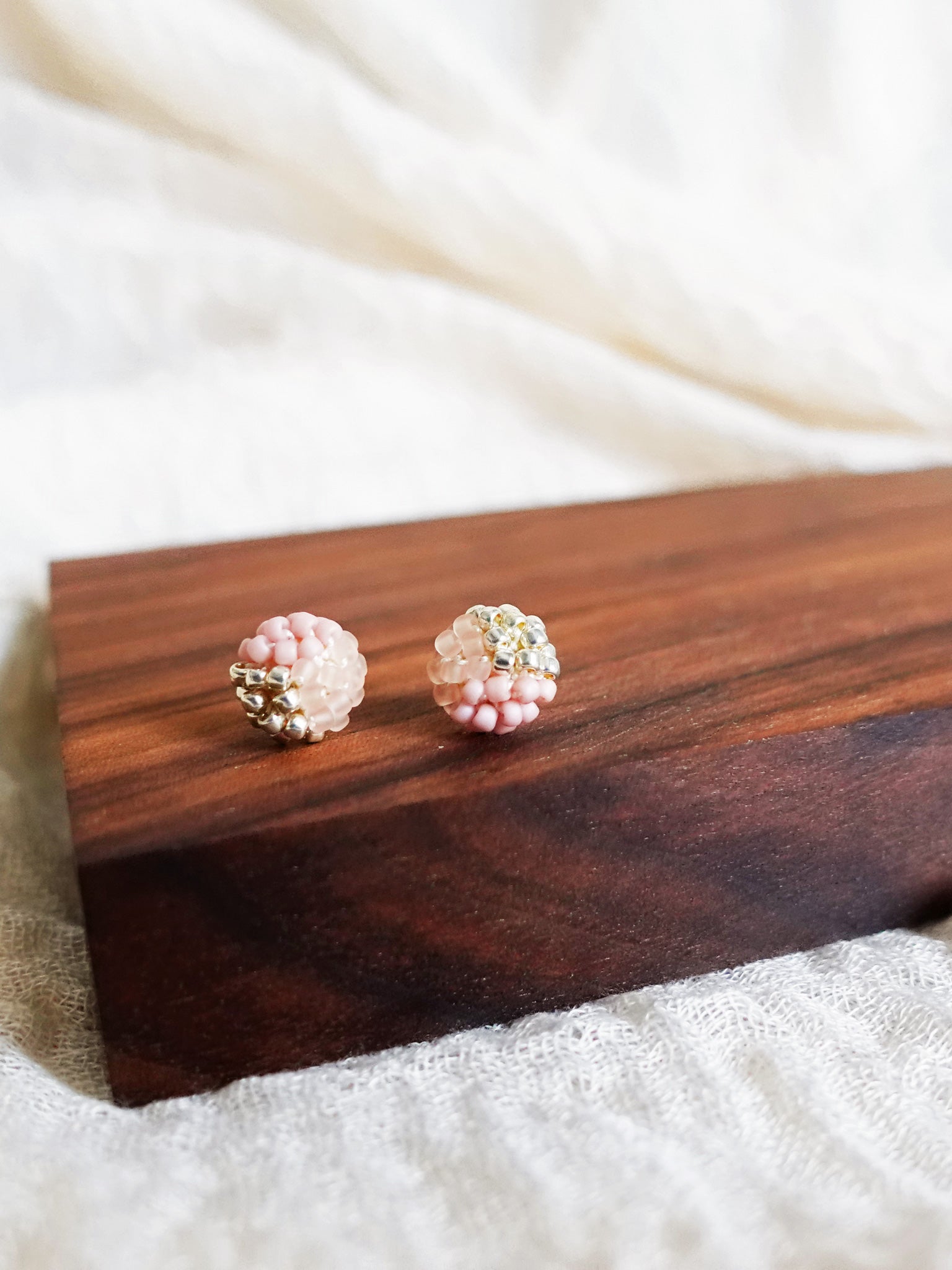 Trio Velvet Stud Earrings in Blush Pink Display Front
