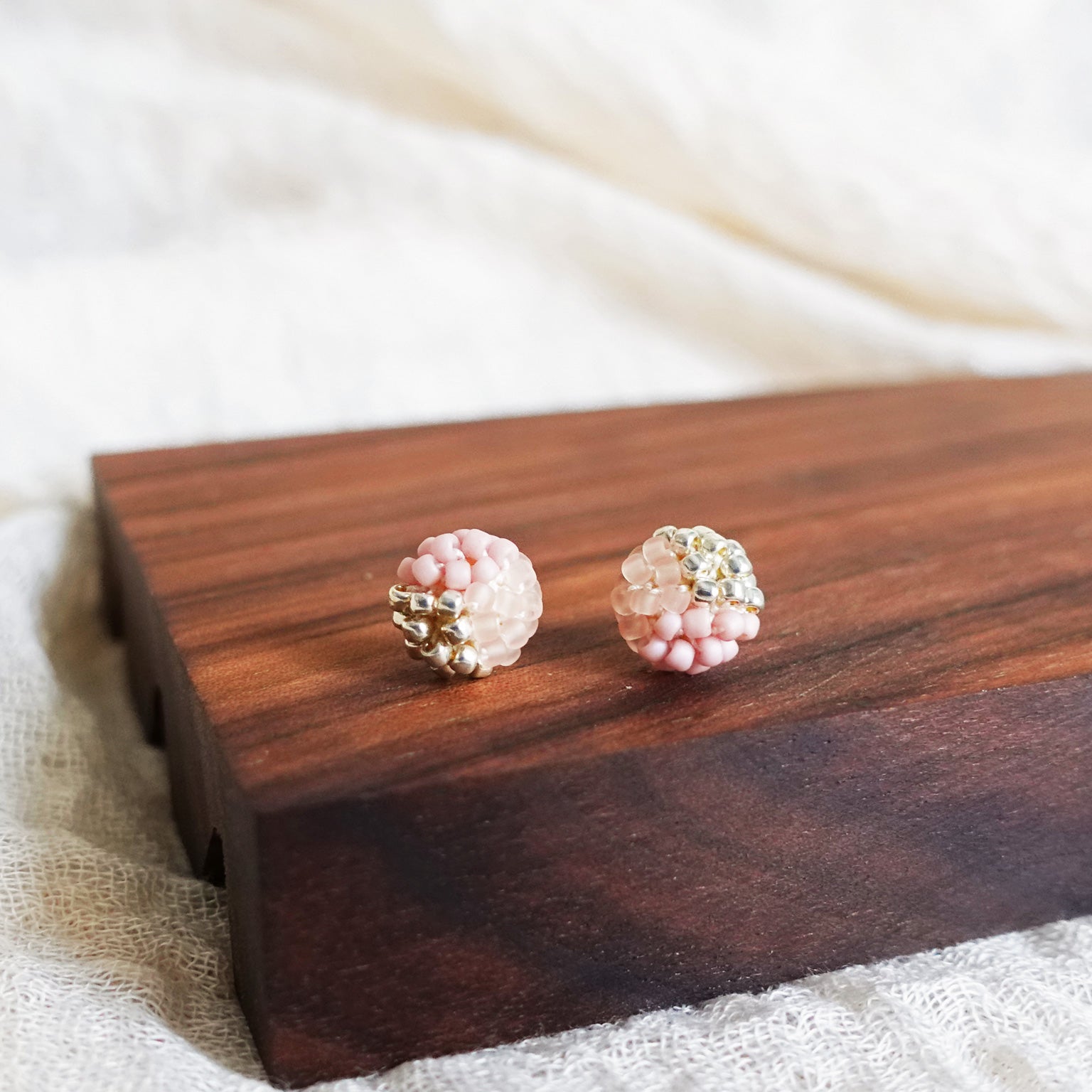 Trio Velvet Stud Earrings in Blush Pink Display Left