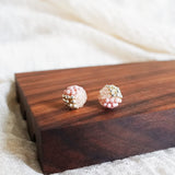 Trio Velvet Stud Earrings in Blush Pink Display Left