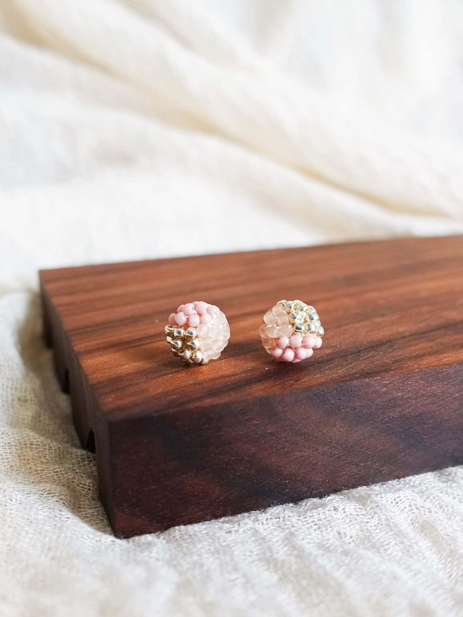 Trio Velvet Stud Earrings in Blush Pink Display Left