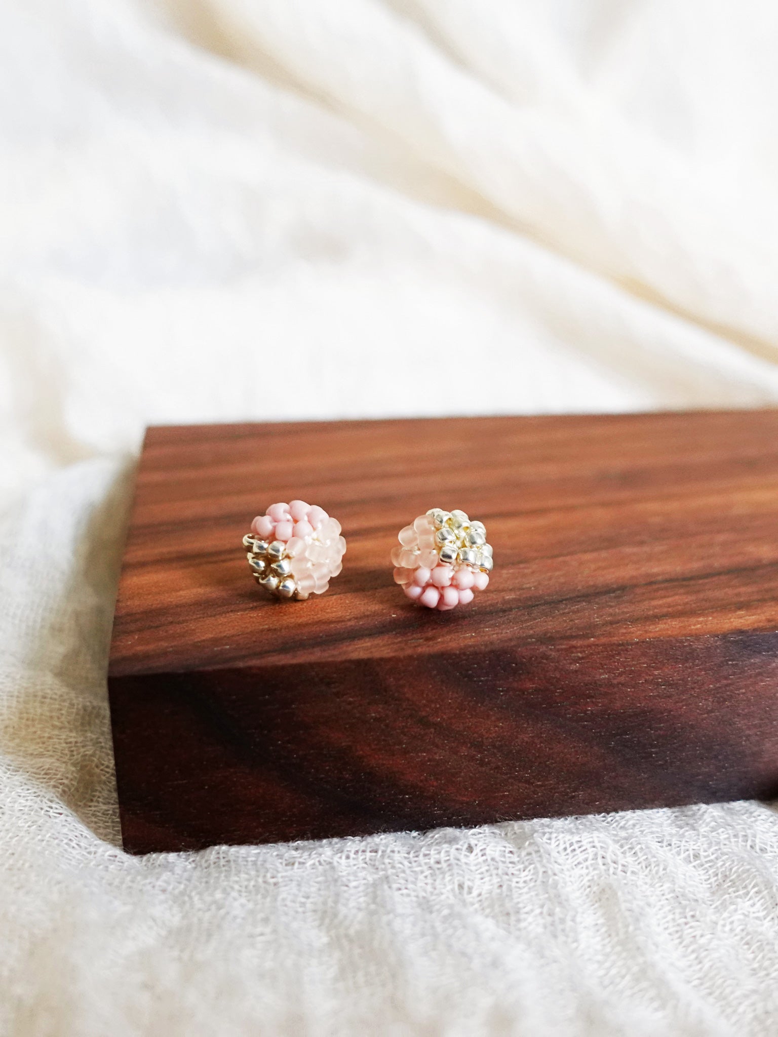 Trio Velvet Stud Earrings in Blush Pink Display Right