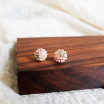 Trio Velvet Stud Earrings in Blush Pink Display Right 2