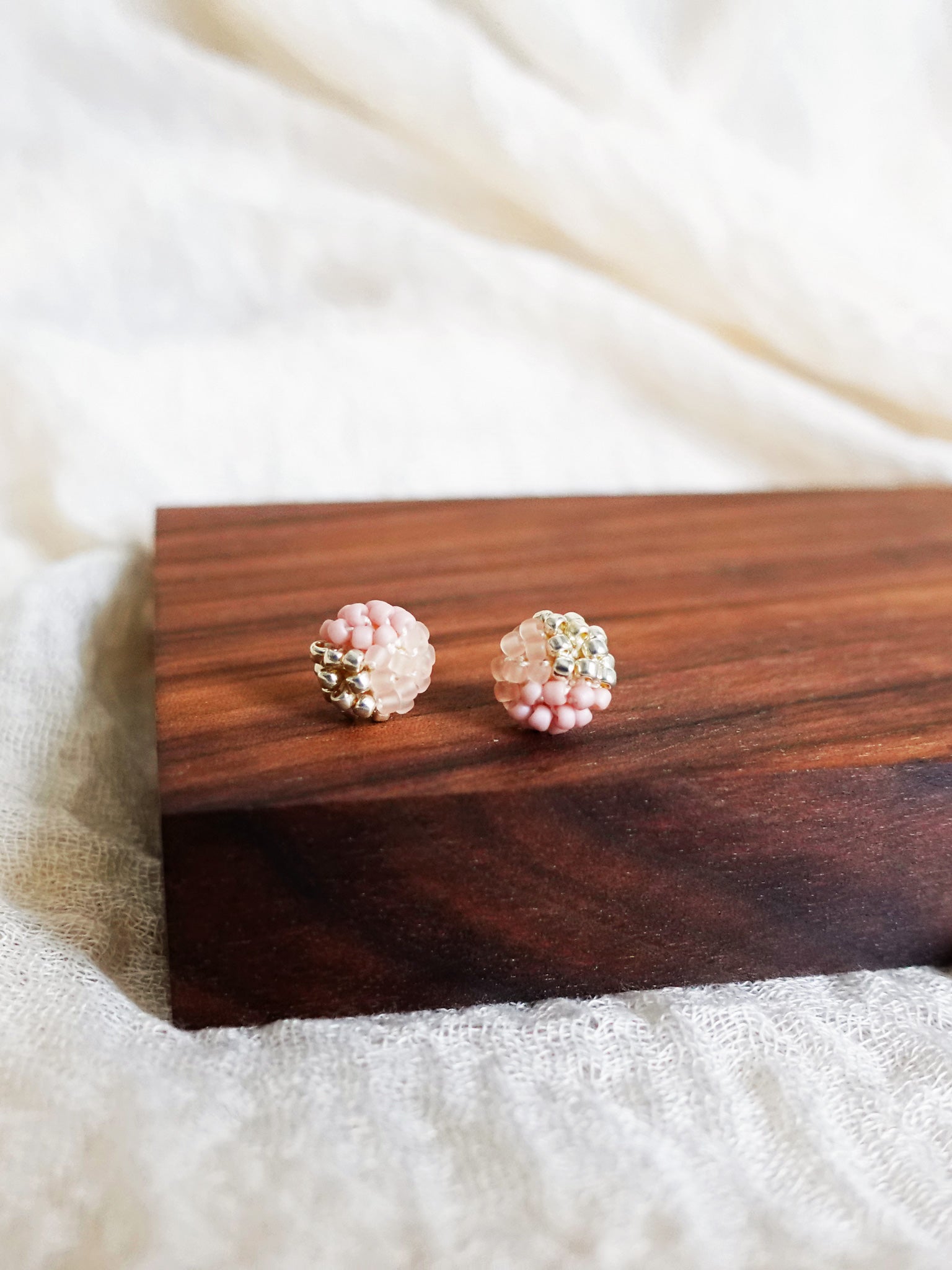 Trio Velvet Stud Earrings in Blush Pink Display Right 2