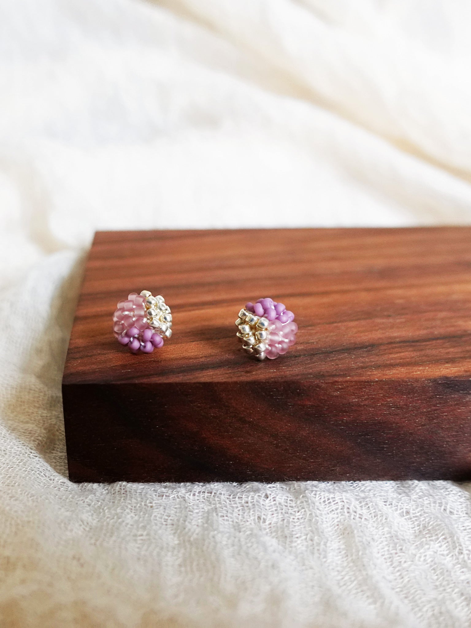 Trio Velvet Stud Earrings in Mauve Purple Display Front Close