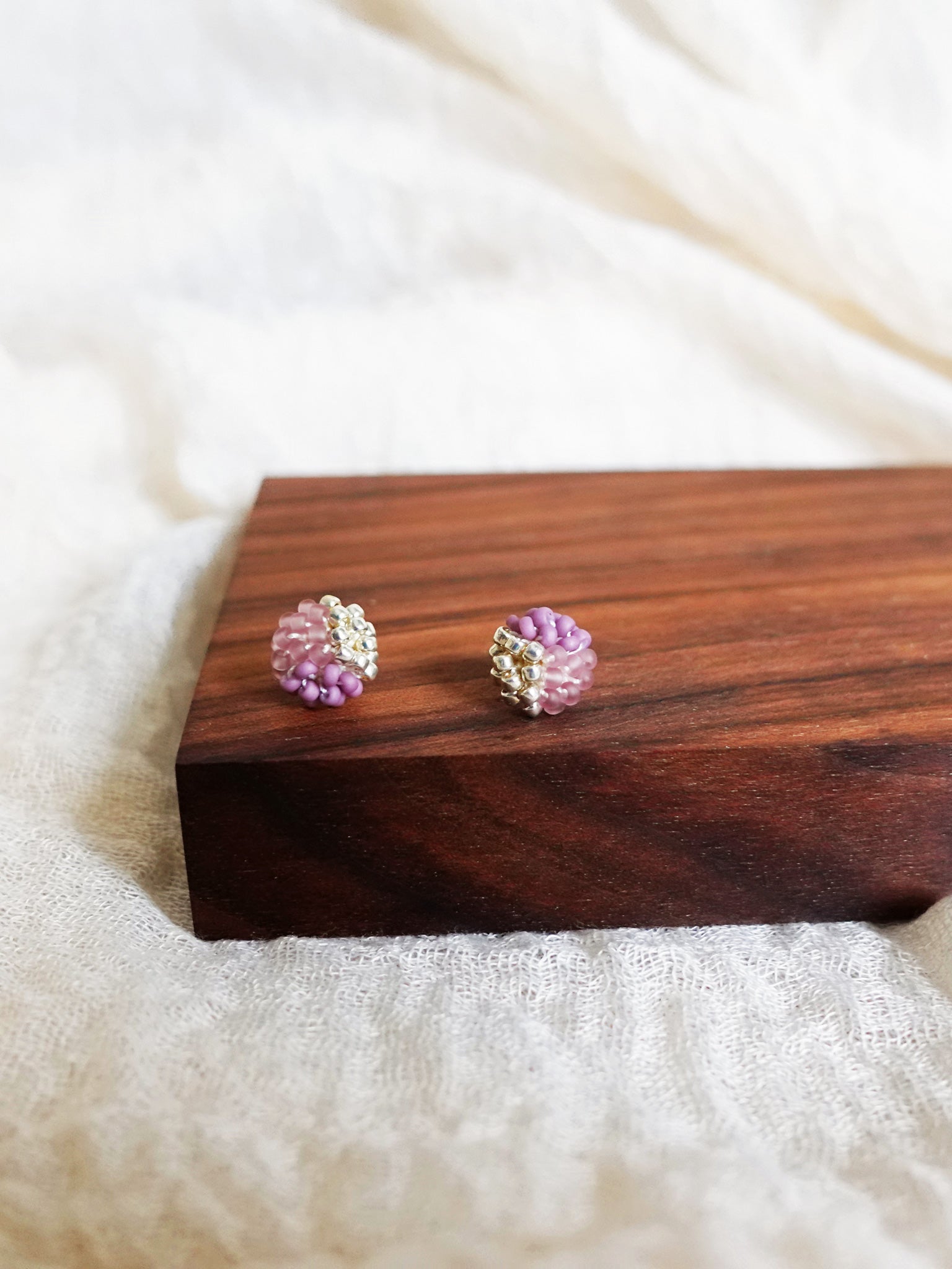 Trio Velvet Stud Earrings in Mauve Purple Display Front
