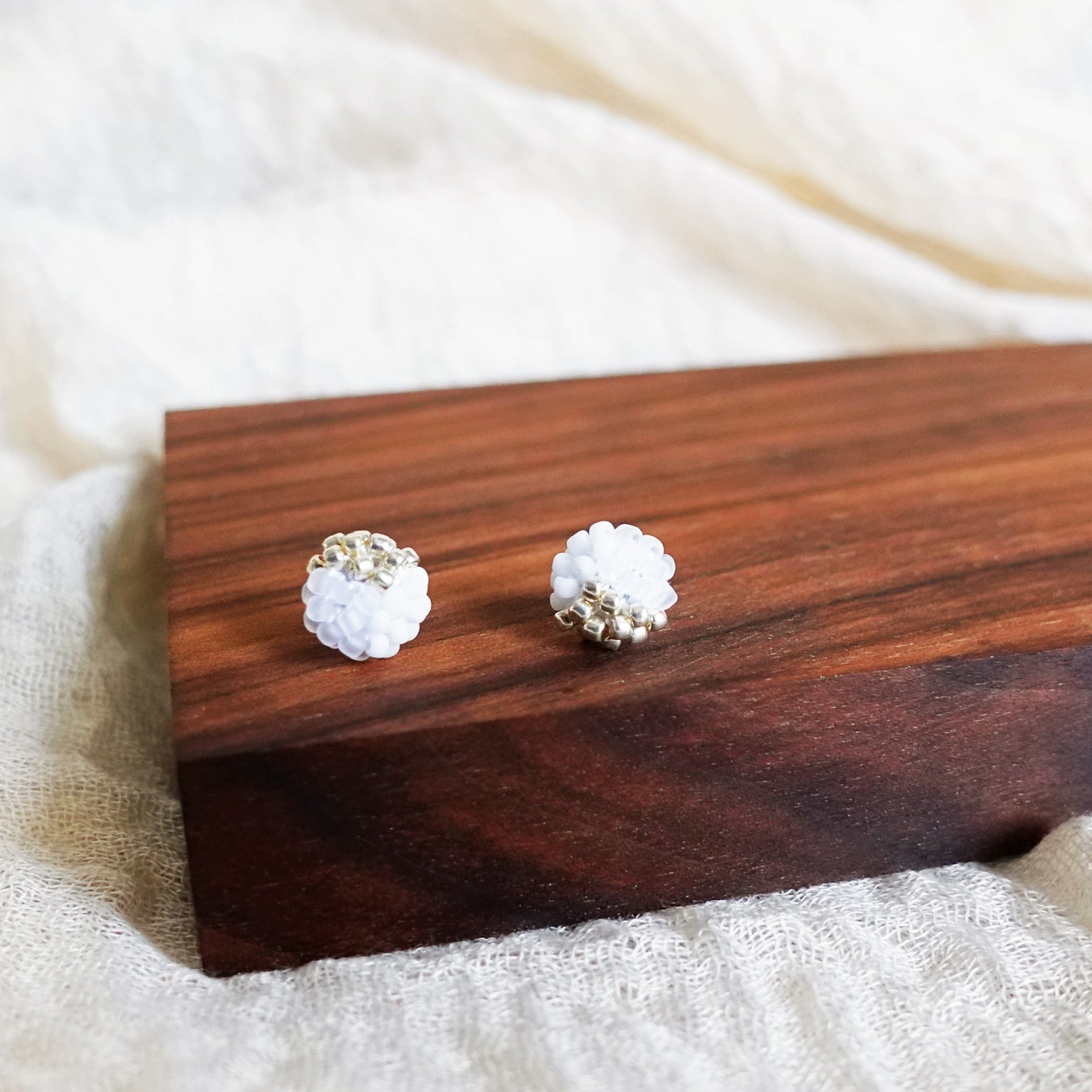 Trio Velvet Stud Earrings in White Display Left