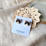 Tuxedo cat stud earrings on card