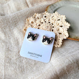 Tuxedo cat stud earrings on card