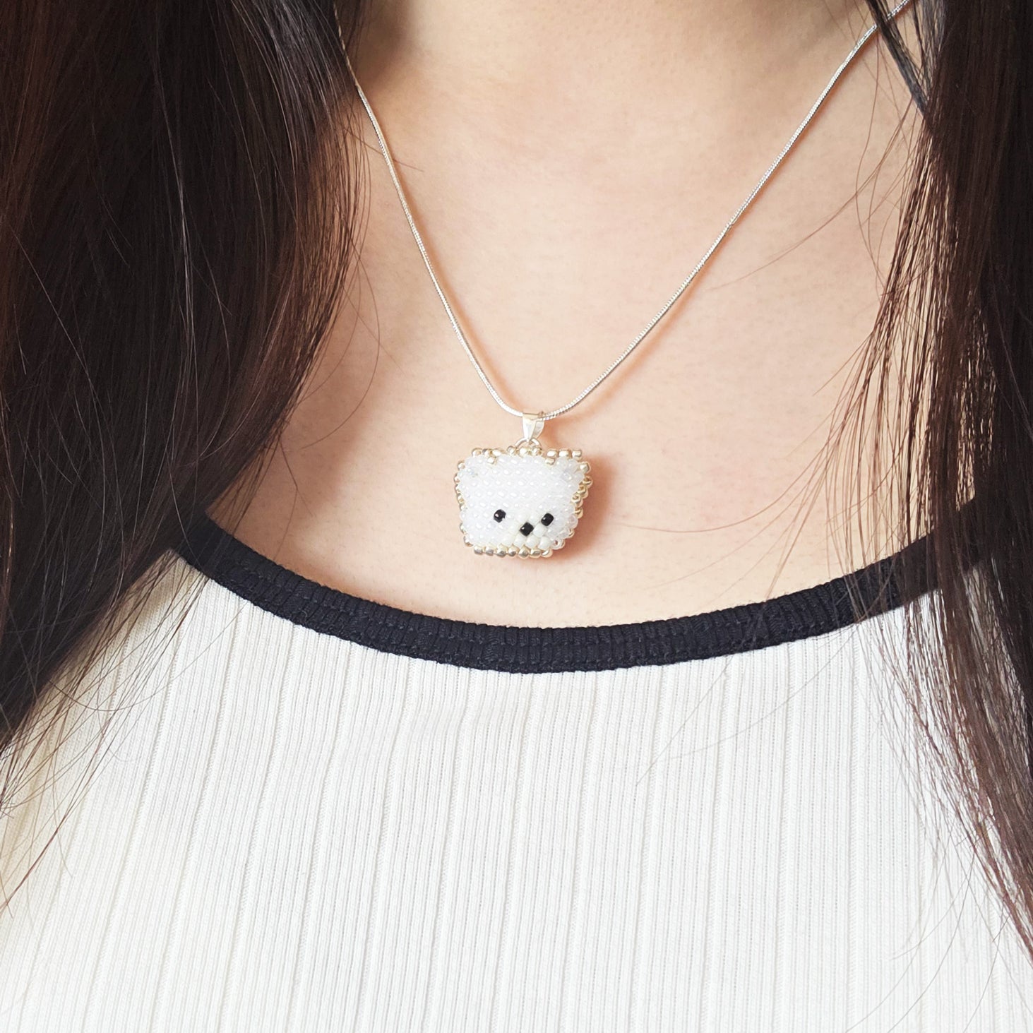 White Bear Pendant Necklace Model Close