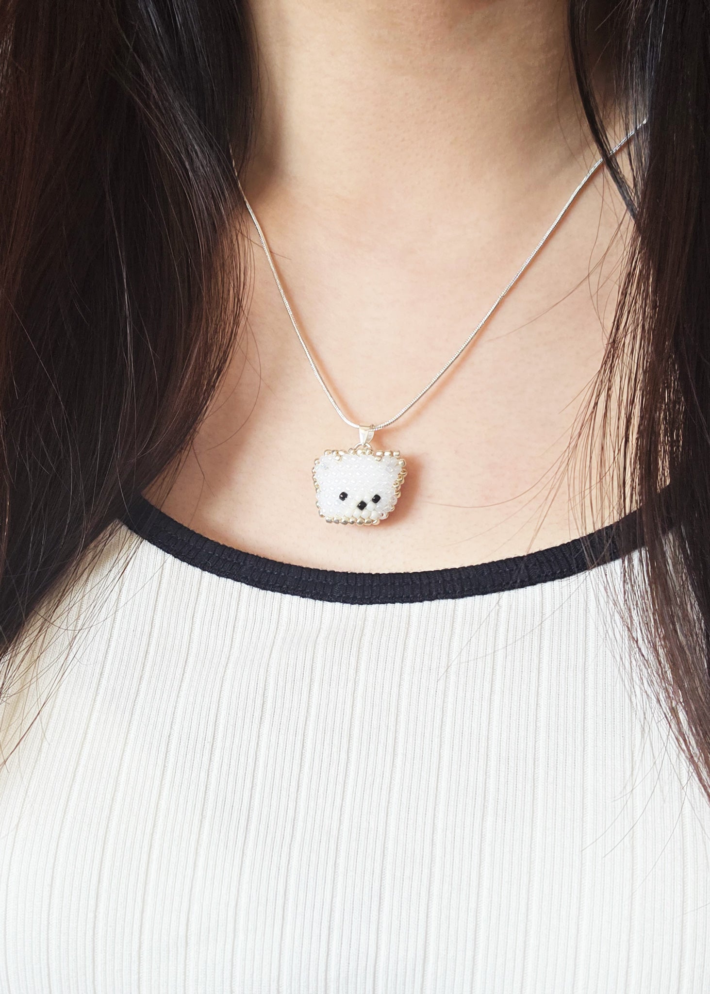 White Bear Pendant Necklace Model Close