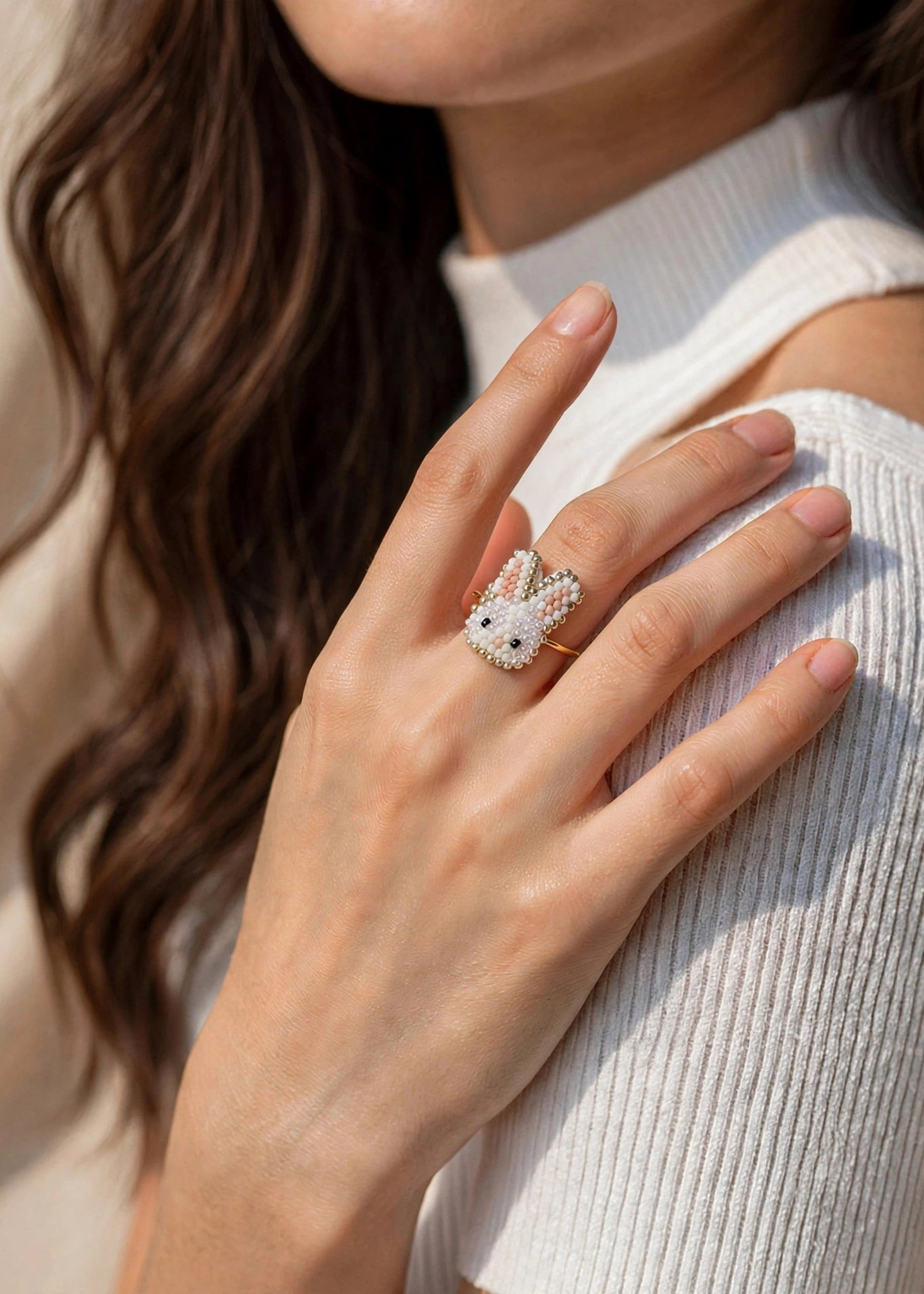 White bunny ring on model 2
