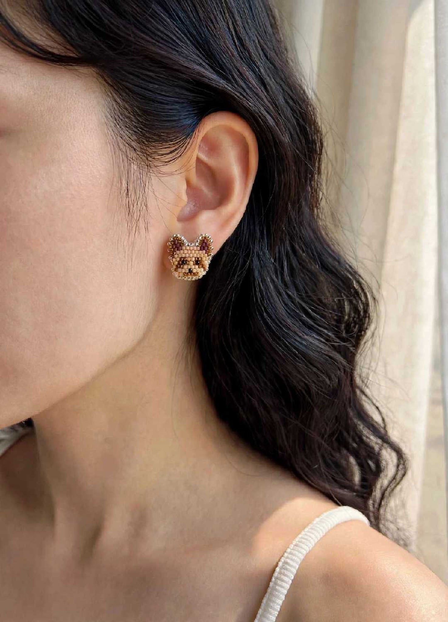 Yorkshire terrier stud earrings on model