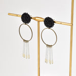 Arria Sead Beaded Fringe Hoop Earrings Black Left