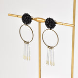 Arria Sead Beaded Fringe Hoop Earrings Black Left