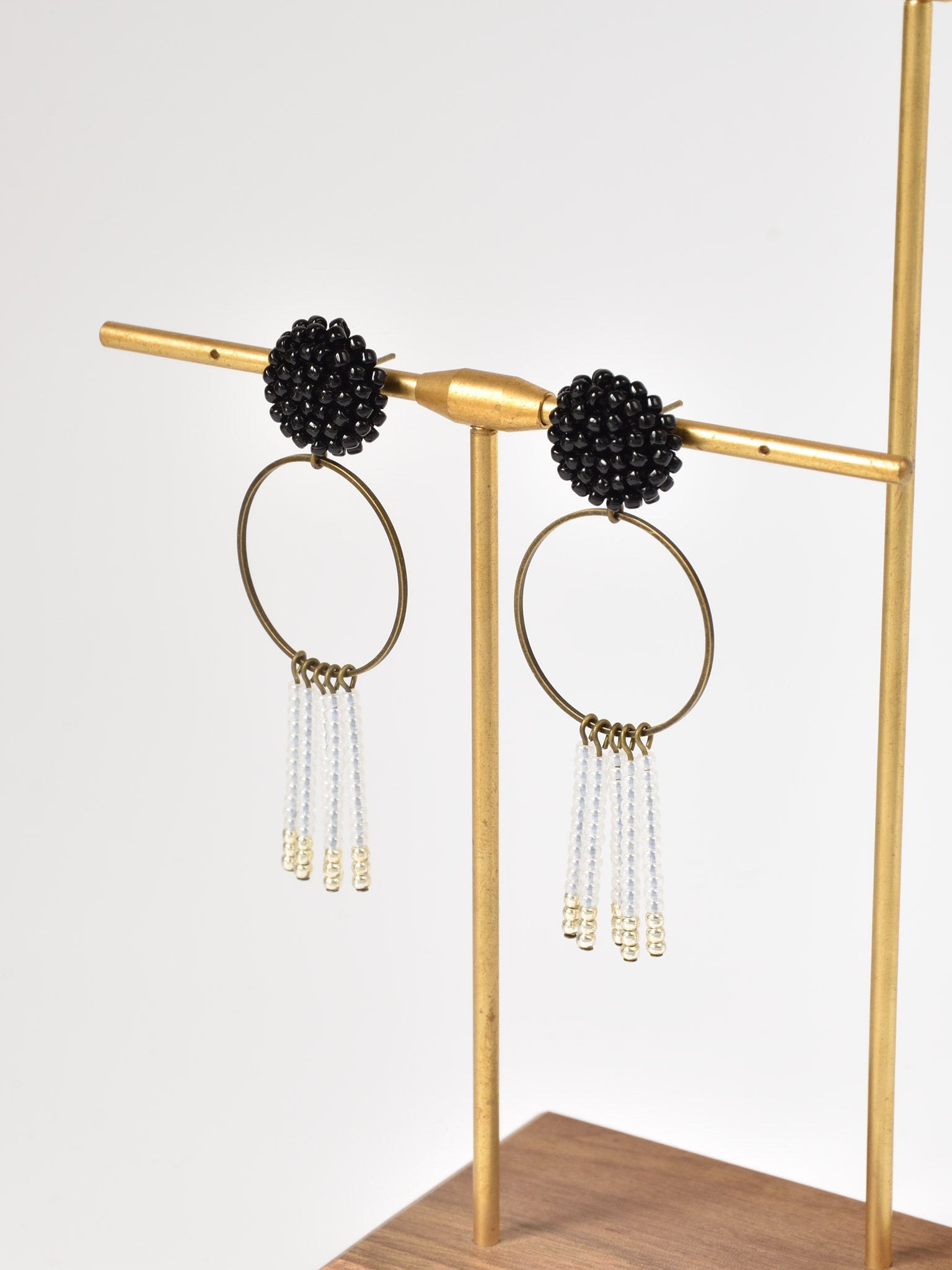 Arria Sead Beaded Fringe Hoop Earrings Black Left