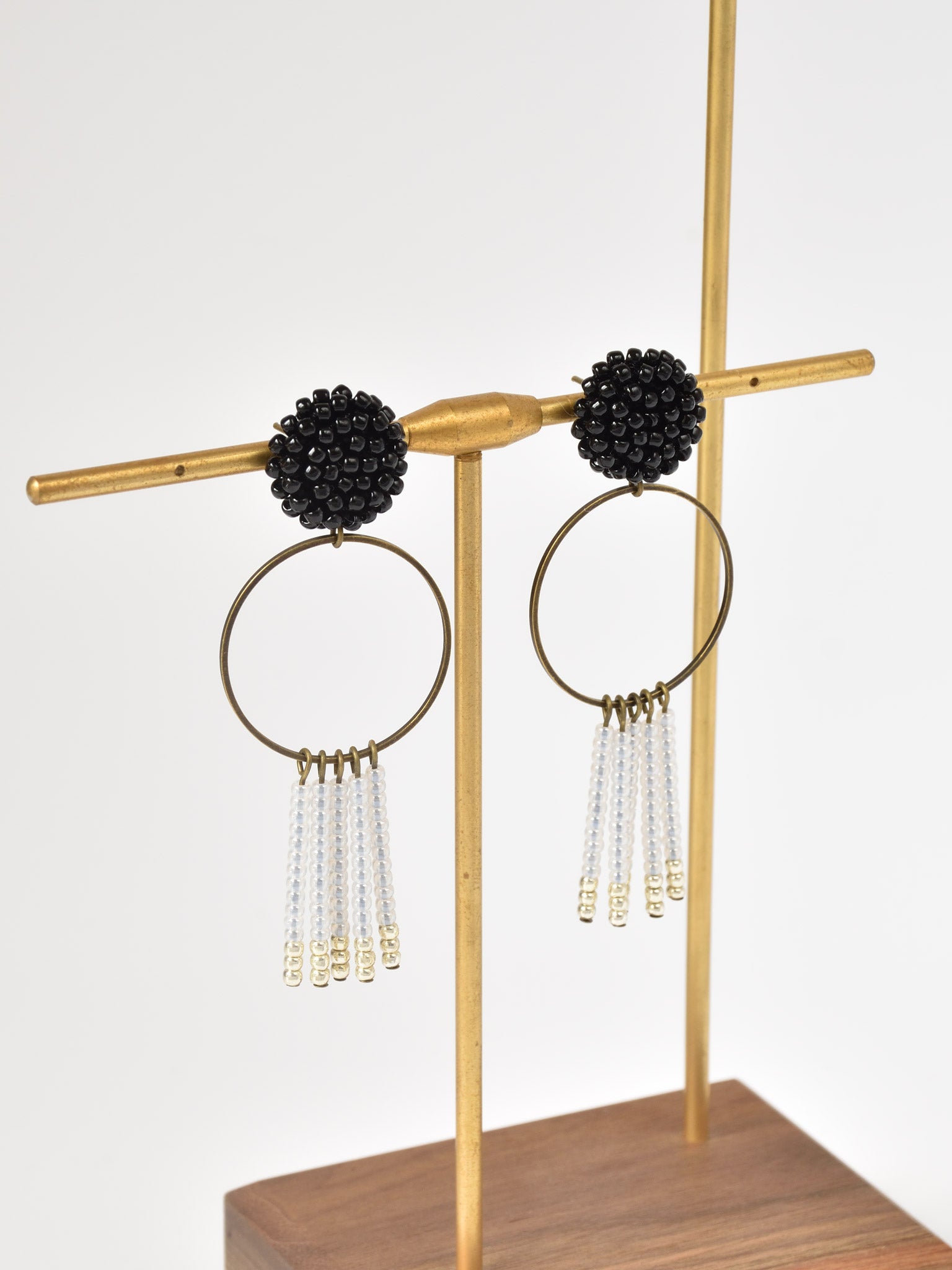 Arria Sead Beaded Fringe Hoop Earrings Black Right