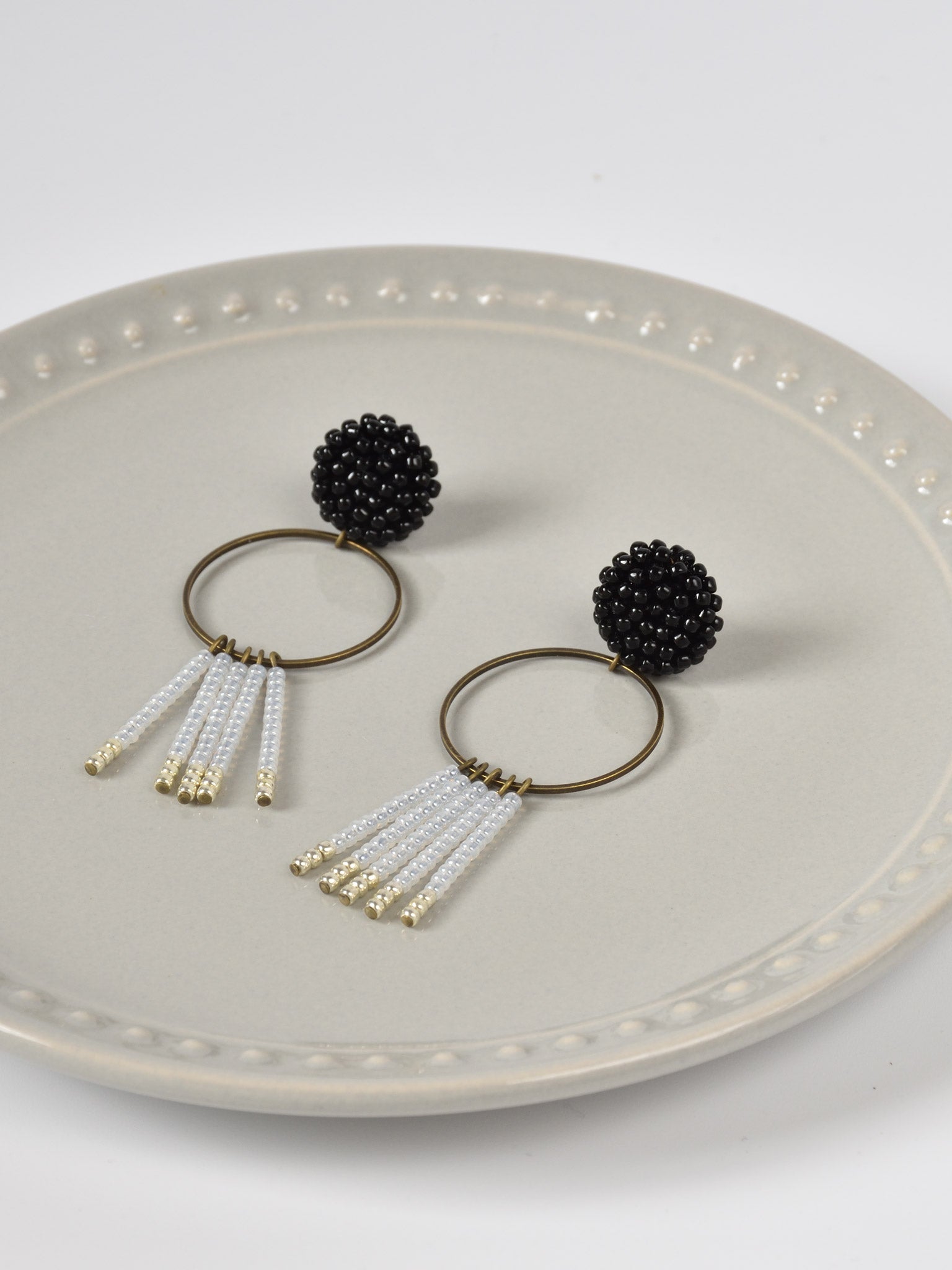 Arria Sead Beaded Fringe Hoop Earrings Black Top Left