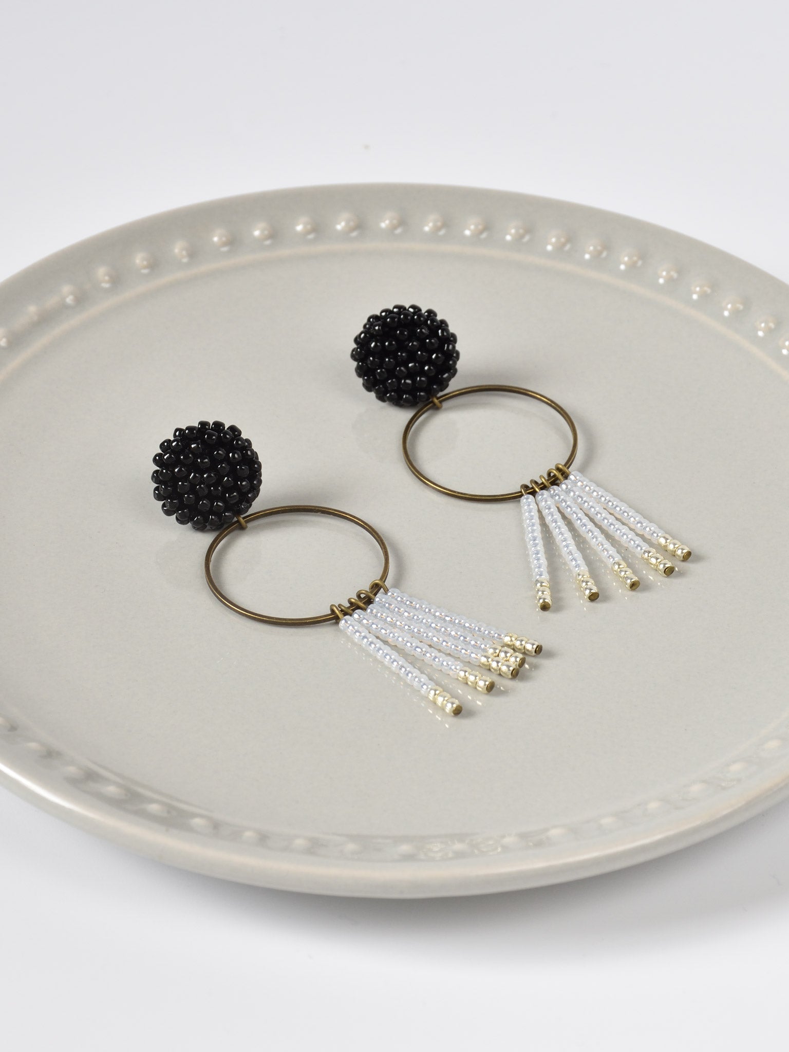 Arria Sead Beaded Fringe Hoop Earrings Black Top Right