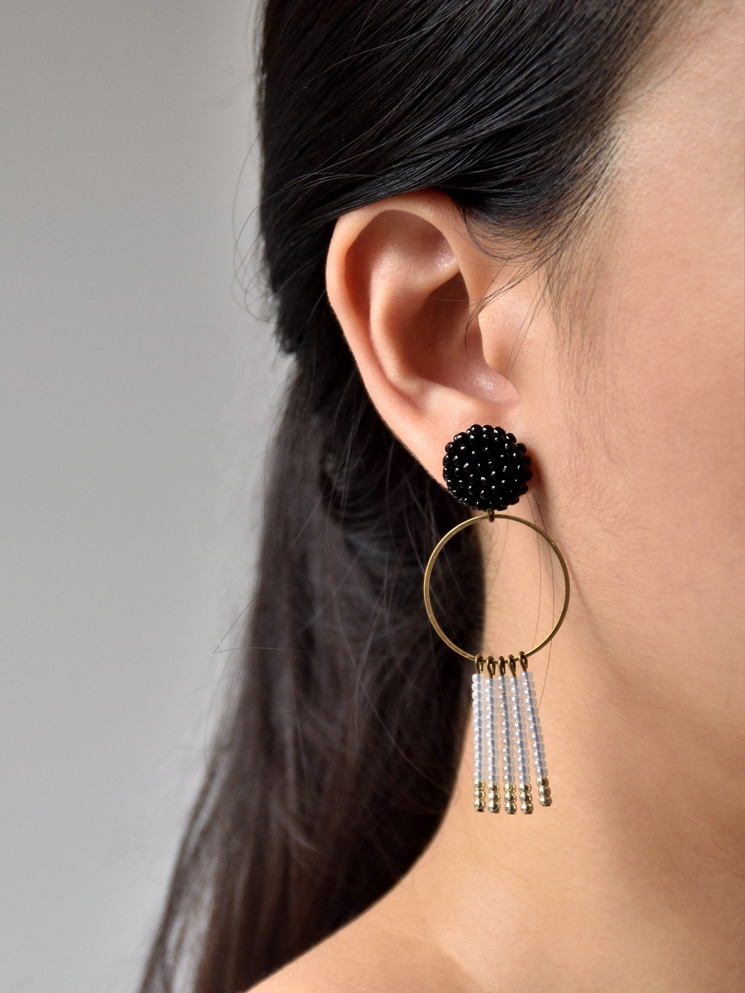 Arria Sead Beaded Fringe Hoop Earrings Model