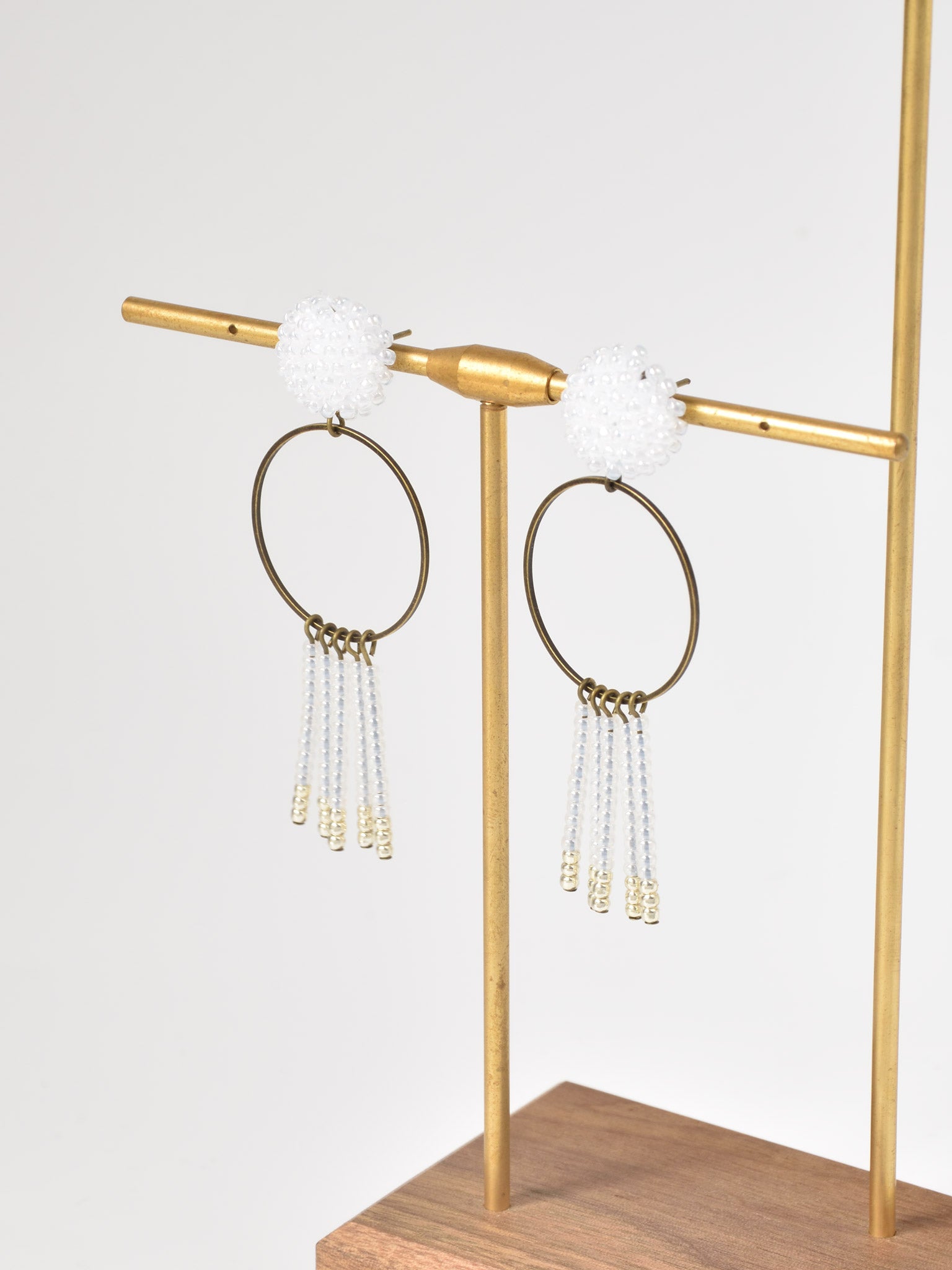 Arria Sead Beaded Fringe Hoop Earrings White Left