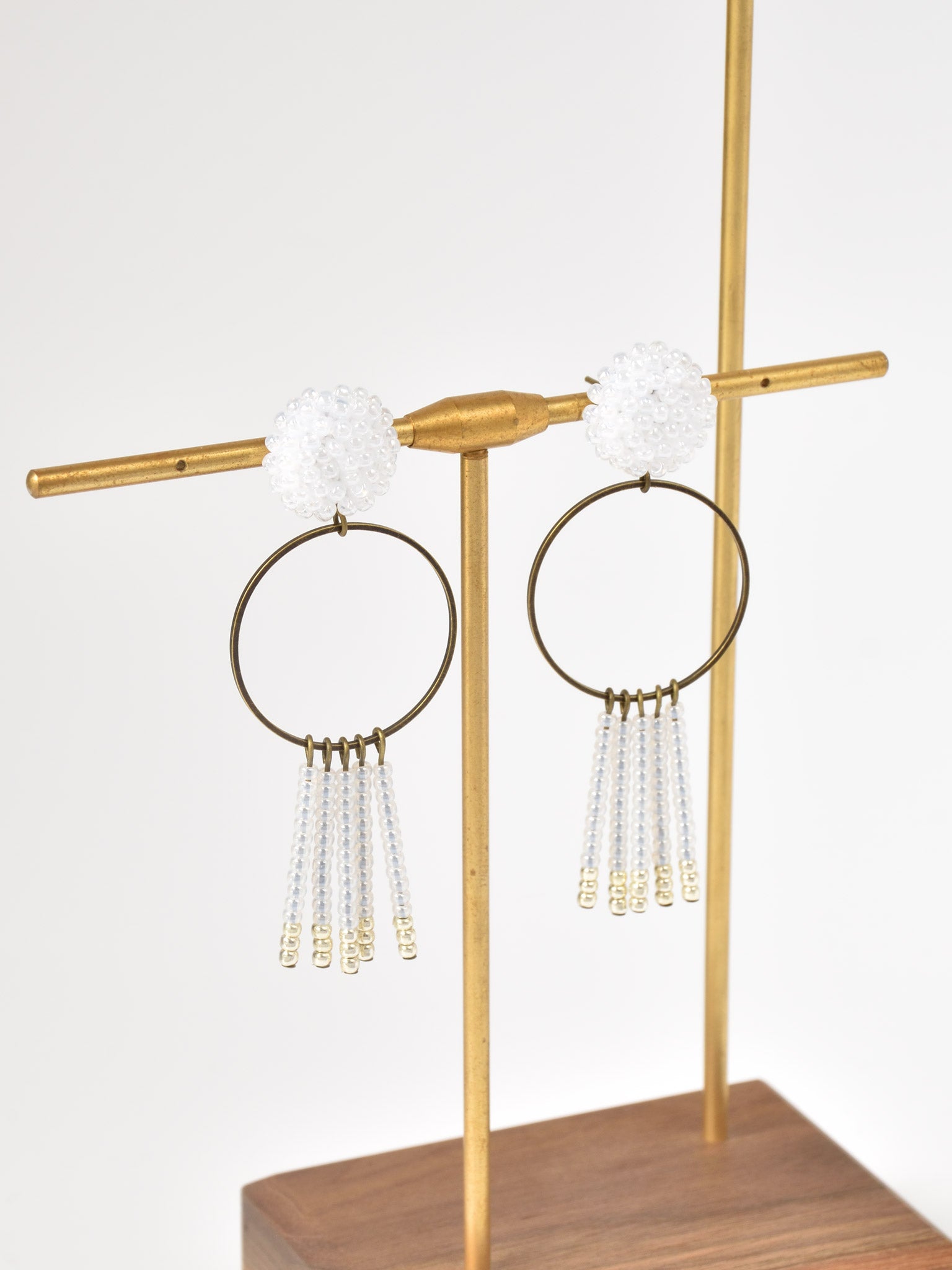 Arria Sead Beaded Fringe Hoop Earrings White Right