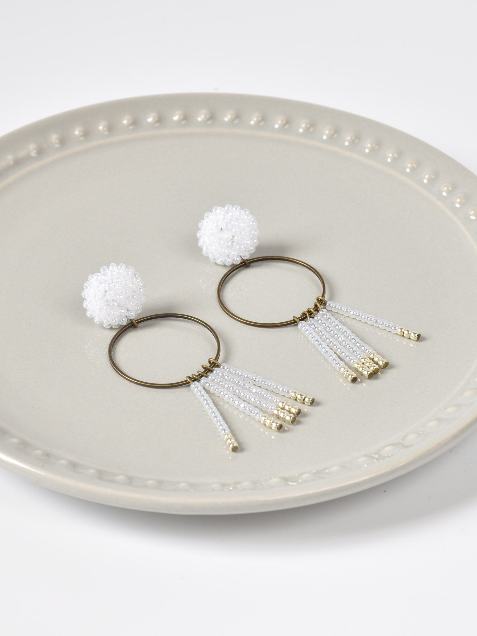 Arria Sead Beaded Fringe Hoop Earrings White Top