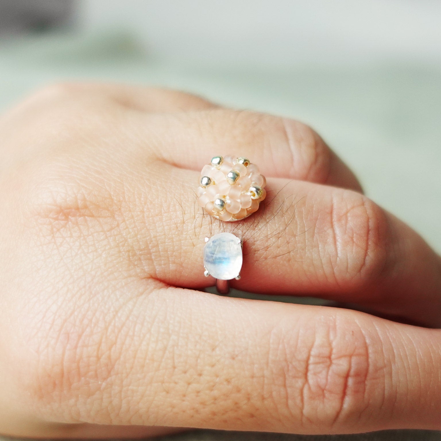 Blush Pink Petite Moonstone Open Ring I Model 1