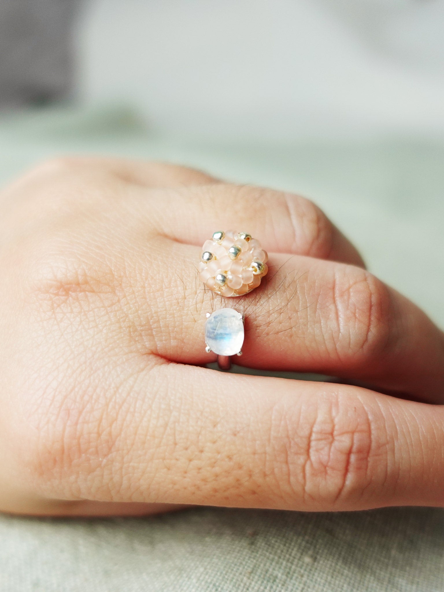 Blush Pink Petite Moonstone Open Ring I Model 1