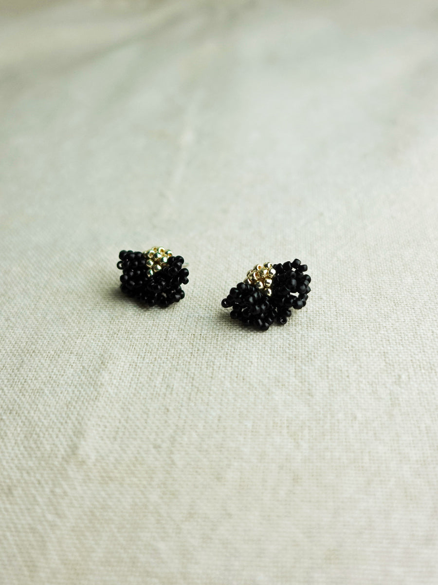Camellia Stud Earrings in Black Front