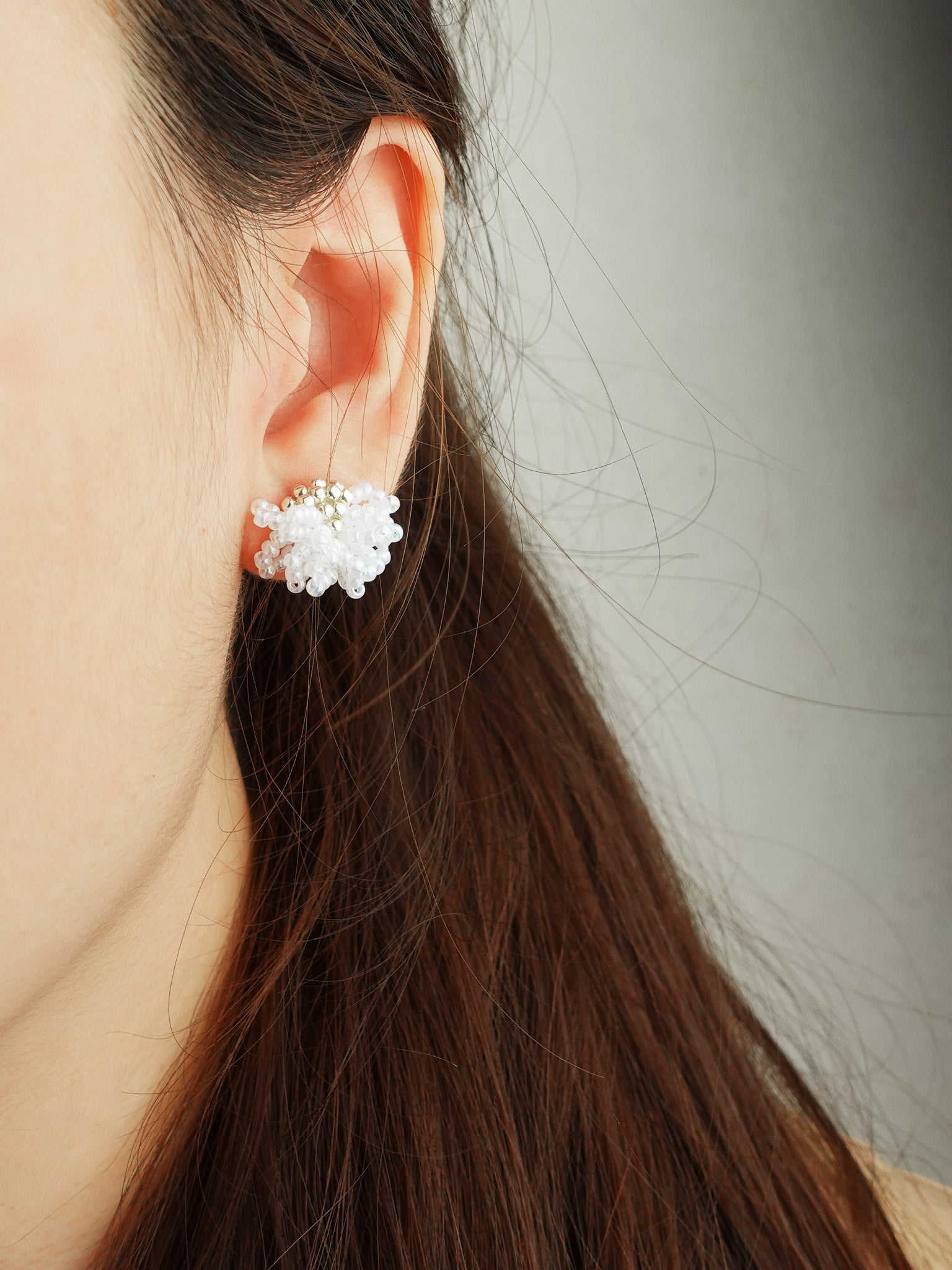 Camellia Stud Earrings in White Model