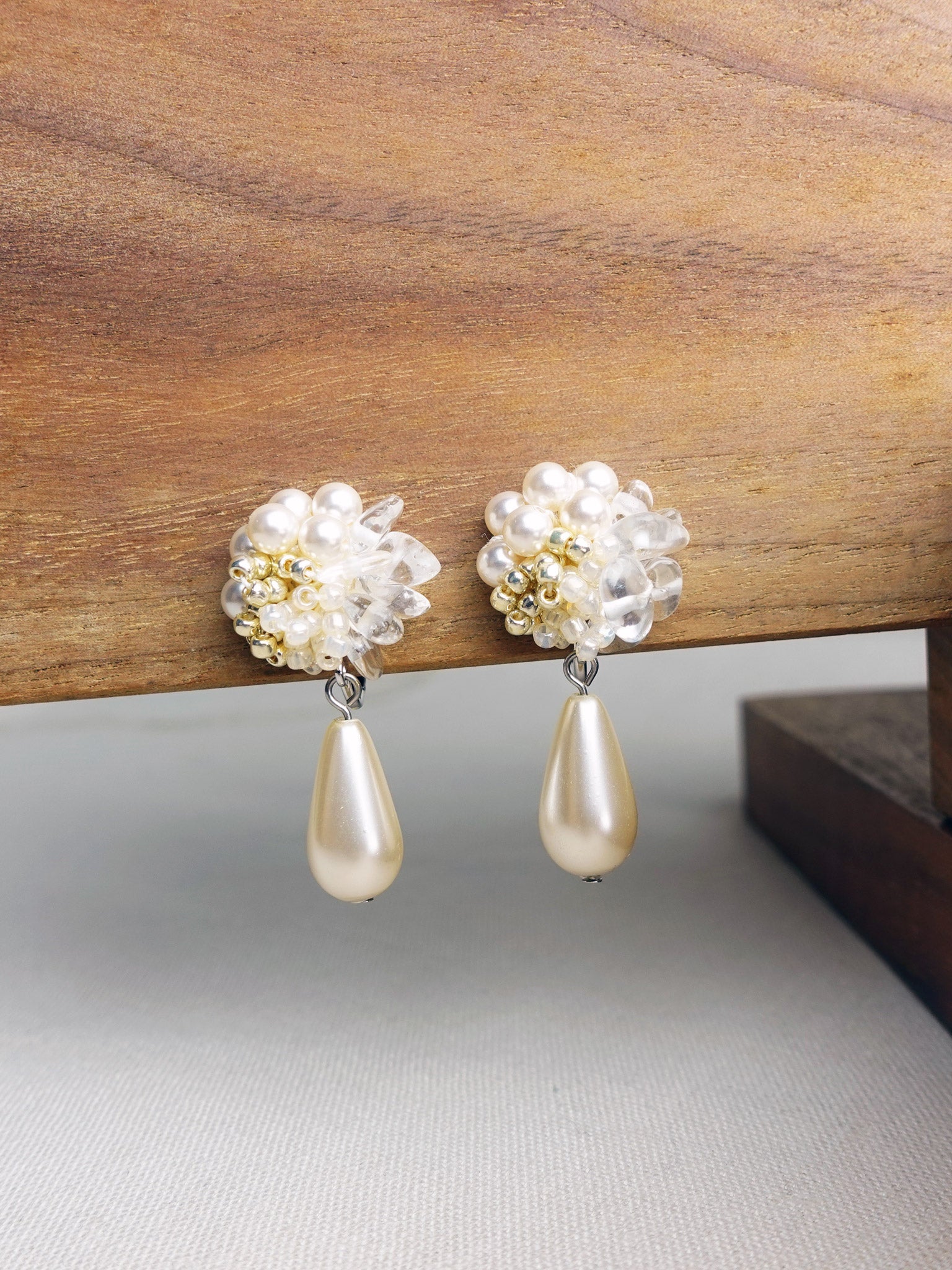 Diana Teardrop Mariota Clip-on Earrings in Ivory Display Front