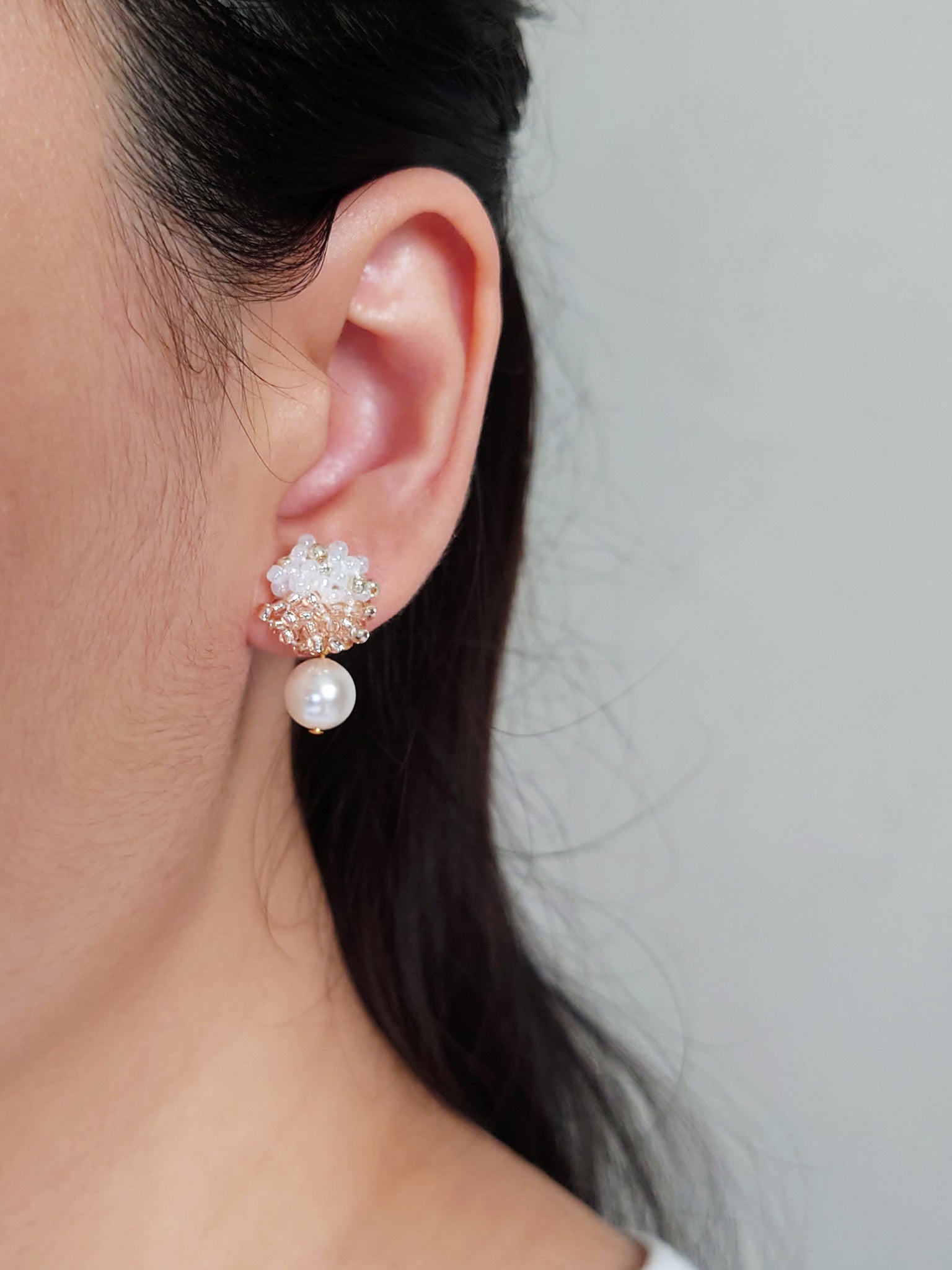 Faye Duo Drop Earrings in Champagne Pink Model