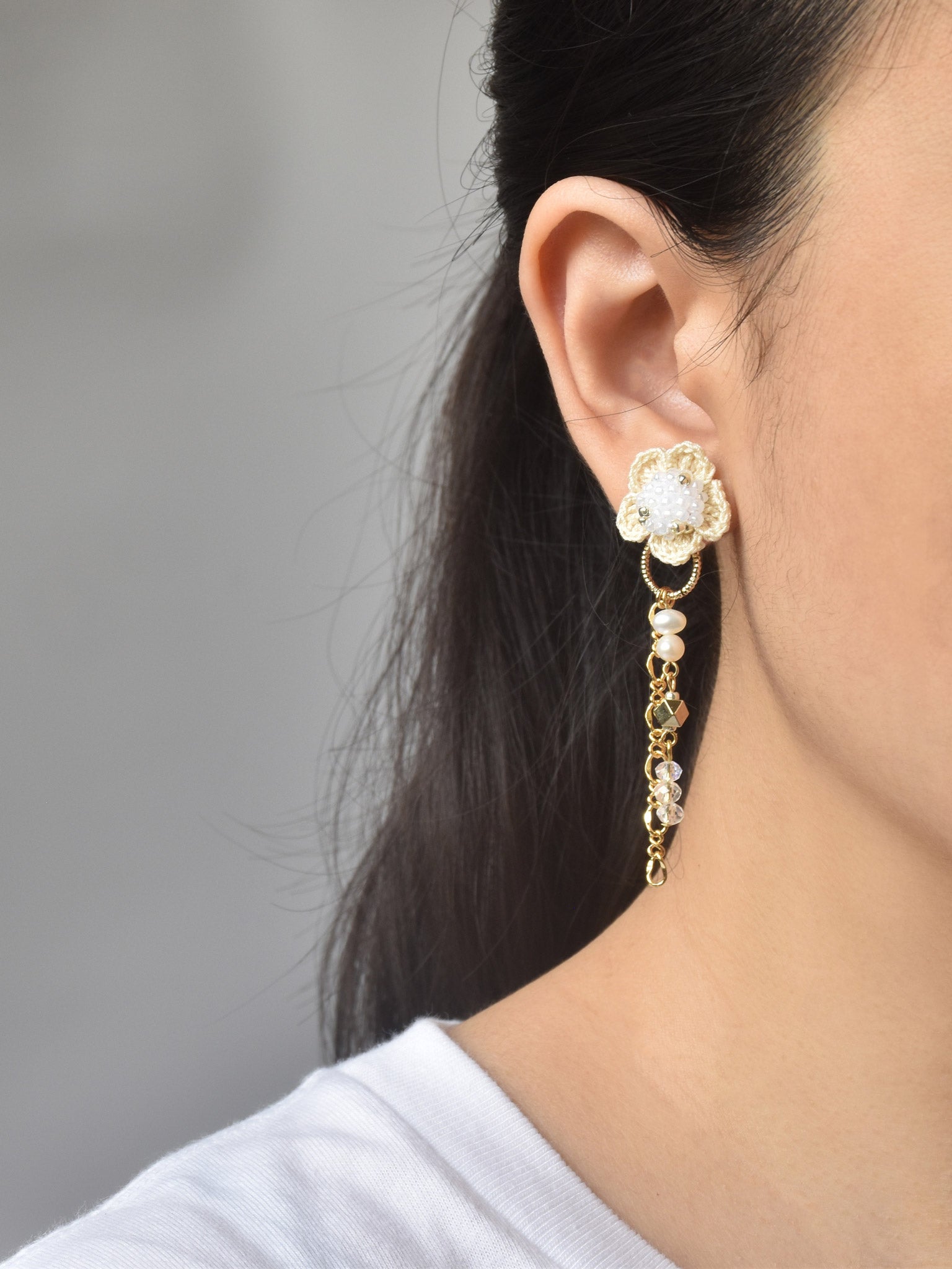 Floral Chime Earrings in White Model Side 2