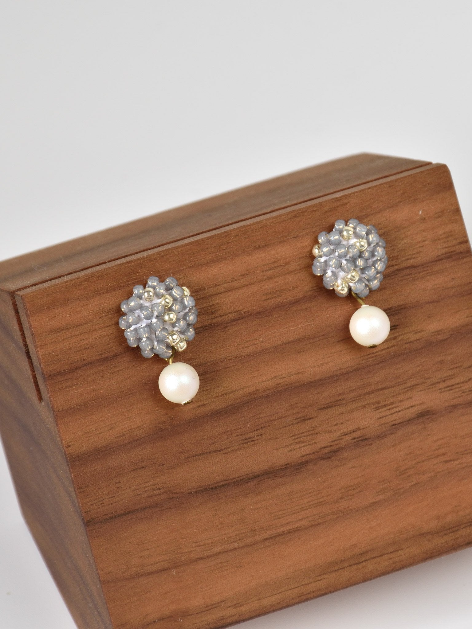 Layna Pearlescent Swarovski Pearl Studs in Grey Right
