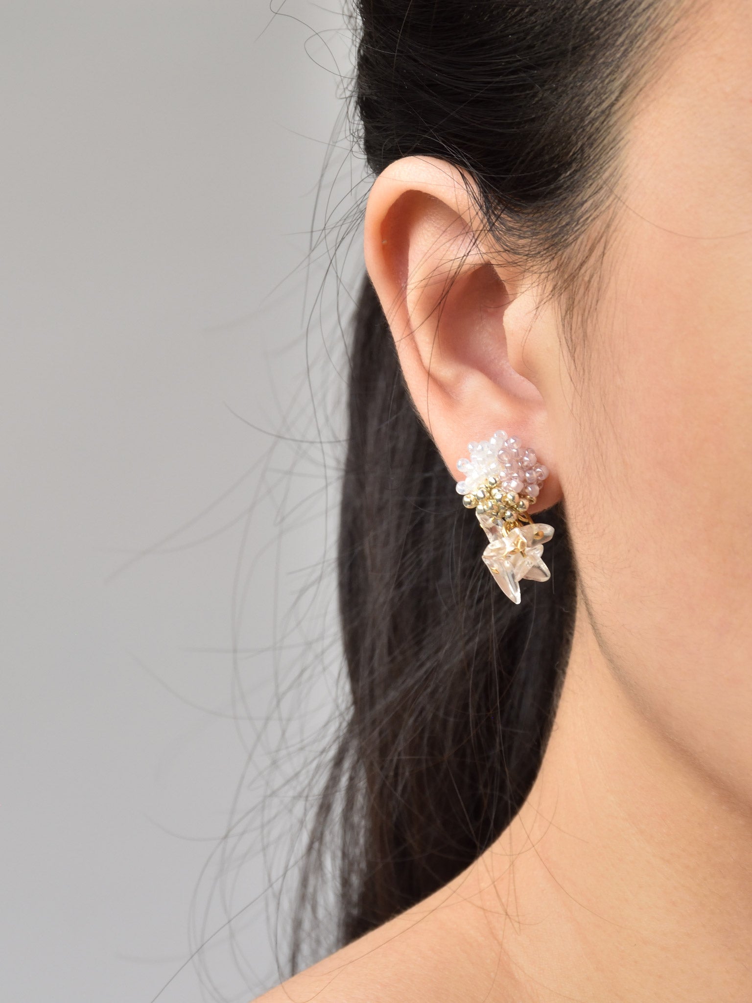 Sereia Trio Quartz Clusters Earrings in Purple Model